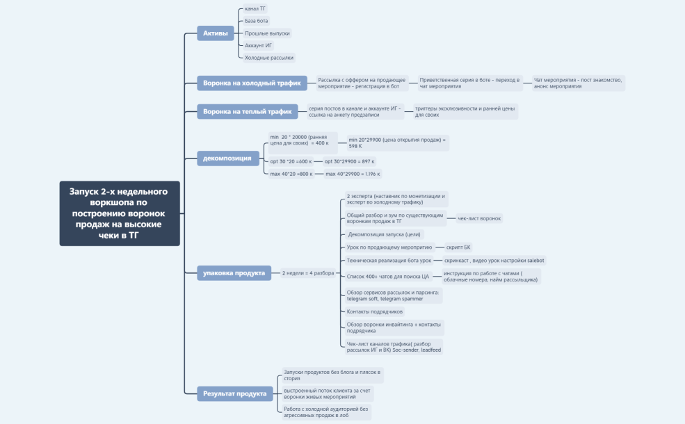 Запуск 2-х недельного воркшопа по построению воронок продаж на высокие чеки в ТГ 