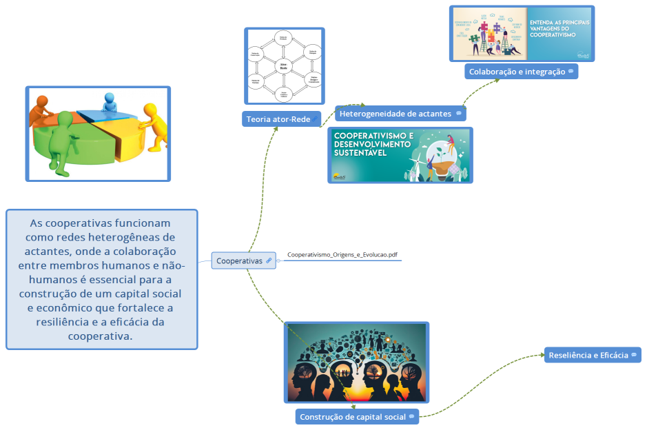 As cooperativas funcionam como redes heterogêneas de actantes, onde a colaboração entre membros humanos e não-humanos é essencial para a construção de um capital social e econômico que fortalece a resiliência e a eficácia da cooperativa. 