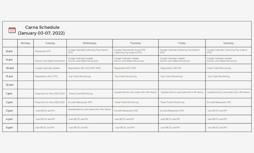 Carna Schedule  (January 03-7, 2023)
