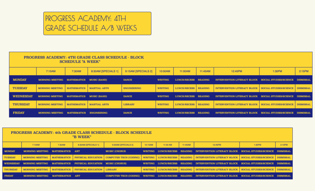 Progress Academy: 4th Grade CLASS SCHEDULE - Block Schedule "A & B Week"