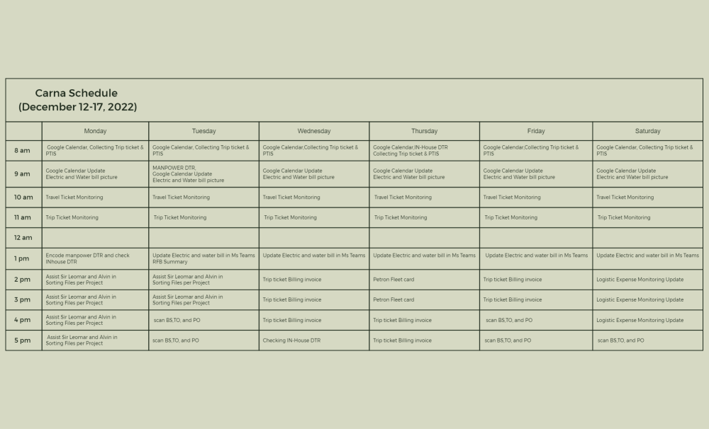 Carna Schedule  (December 12-17, 2022)