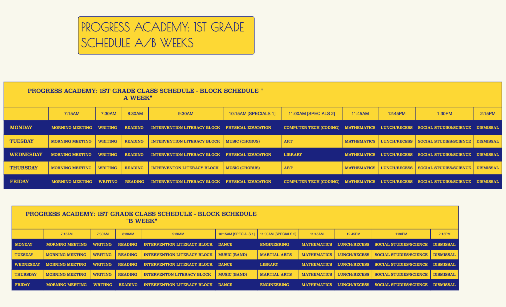         progress academy: 1st Grade CLASS SCHEDULE - Block Schedule "A Week"