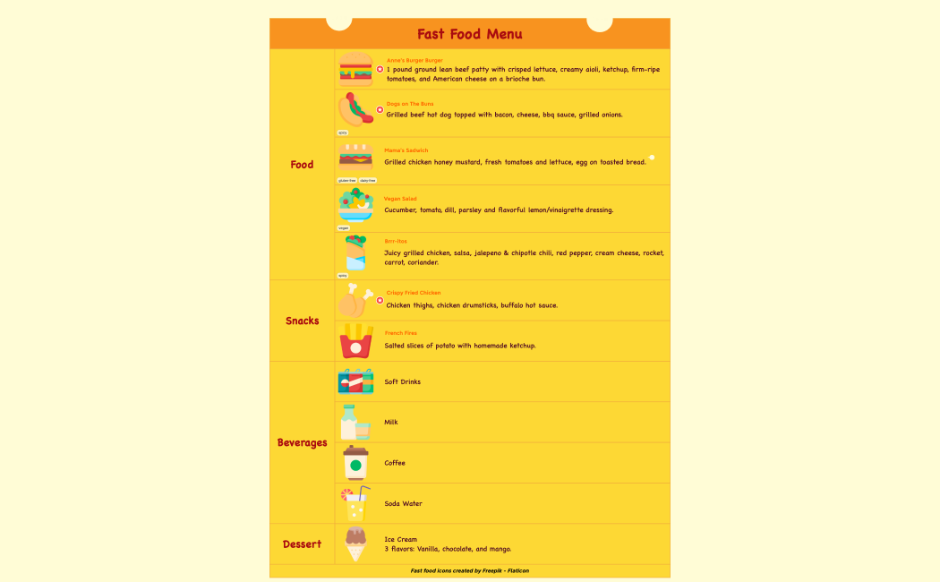 Anne's Fast Food Menu
