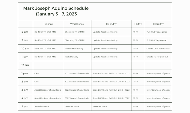 Mark Joseph Aquino Schedule  (January 3 - 7, 2023
