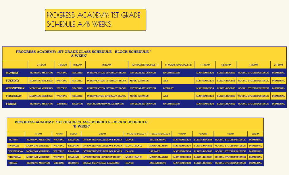         progress academy: 1st Grade CLASS SCHEDULE - Block Schedule "A Week"