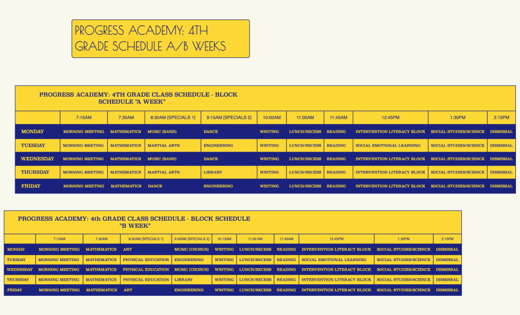 Progress Academy: 4th Grade CLASS SCHEDULE - Block Schedule "A & B Week"