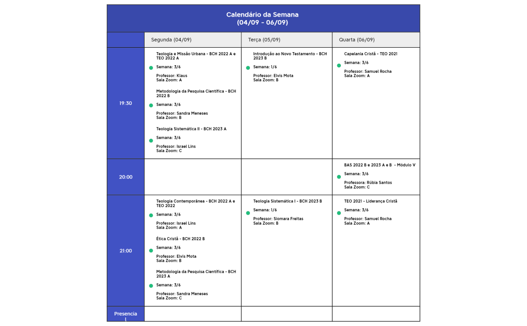 Calendário Semanal do SEID